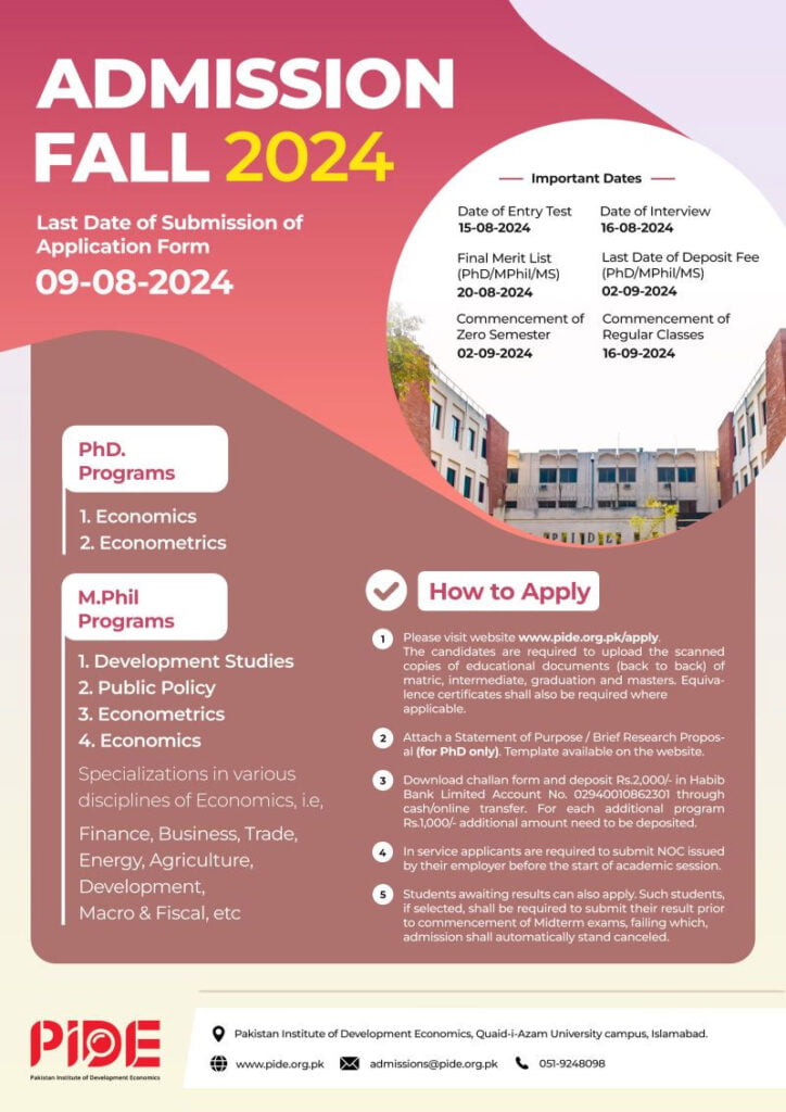 PIDE Islamabad Admission 2024