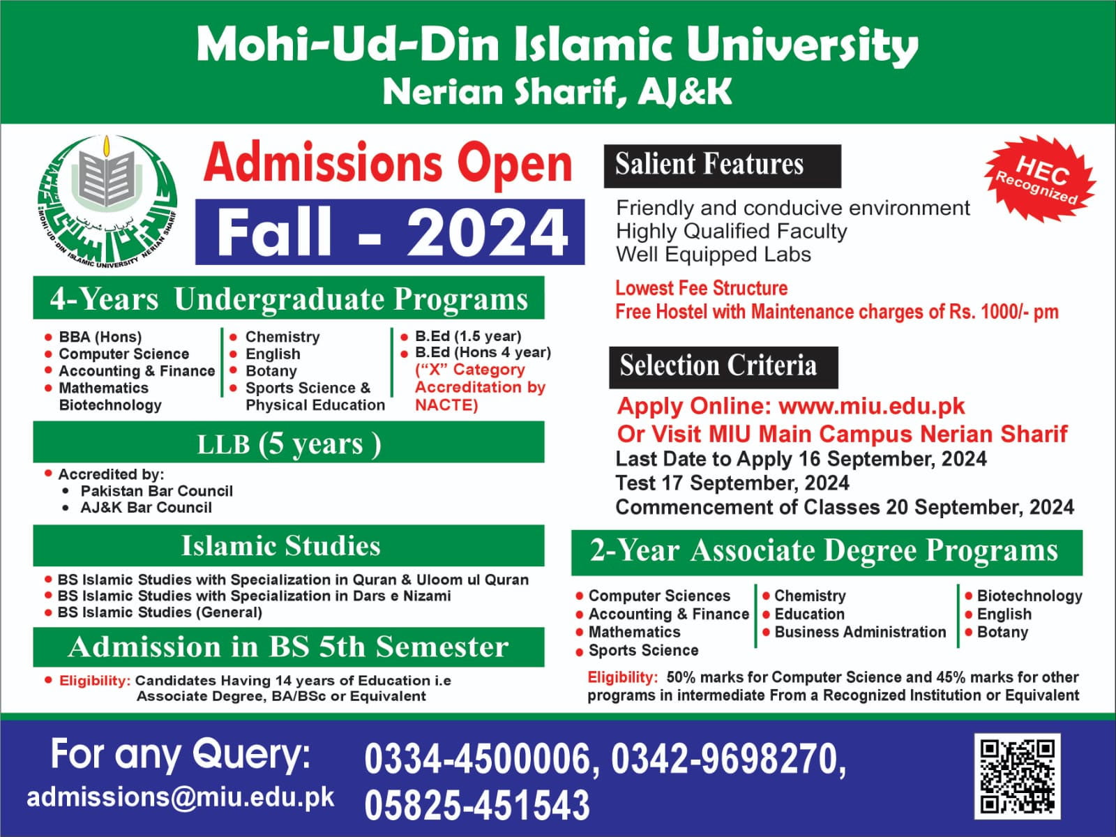 Mohi-ud-din Islamic University MIU Mir Pur (ajk) Admission 2024 Last date